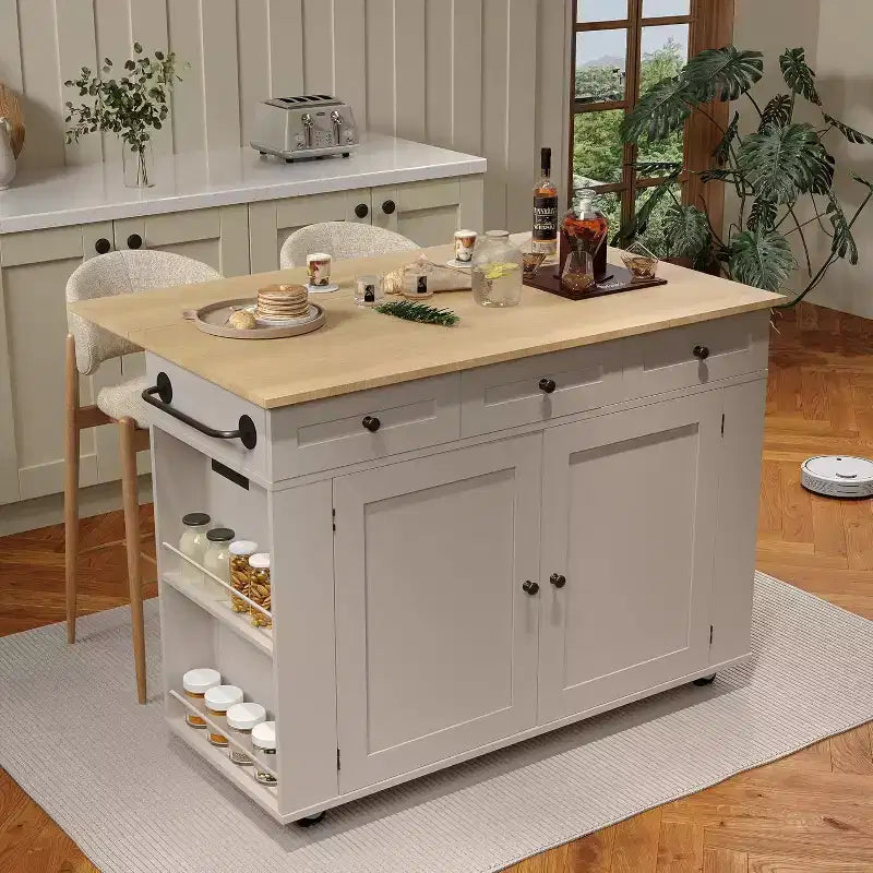 Îlot de cuisine avec tiroirs, chariot de cuisine roulant avec prise de courant, îlot mobile en bois massif sur roulettes avec armoire de rangement et tiroirs