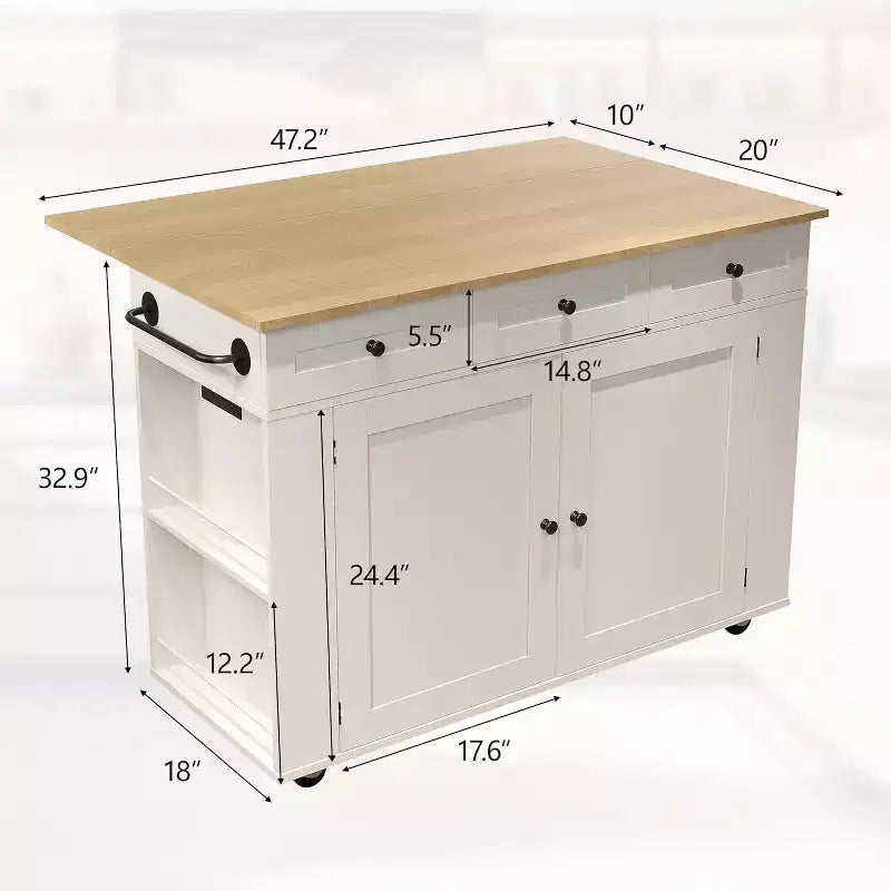 Îlot de cuisine avec tiroirs, chariot de cuisine roulant avec prise de courant, îlot mobile en bois massif sur roulettes avec armoire de rangement et tiroirs