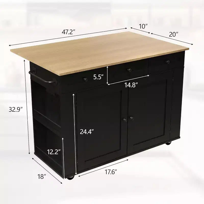 Îlot de cuisine avec tiroirs, chariot de cuisine roulant avec prise de courant, îlot mobile en bois massif sur roulettes avec armoire de rangement et tiroirs