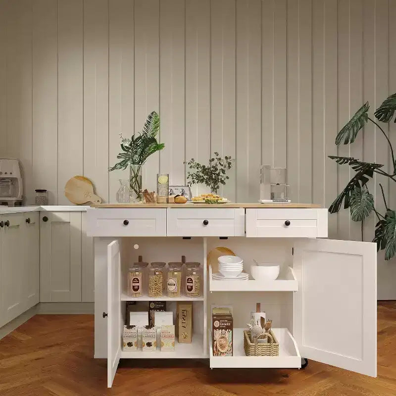 Îlot de cuisine avec tiroirs, chariot de cuisine roulant avec prise de courant, îlot mobile en bois massif sur roulettes avec armoire de rangement et tiroirs