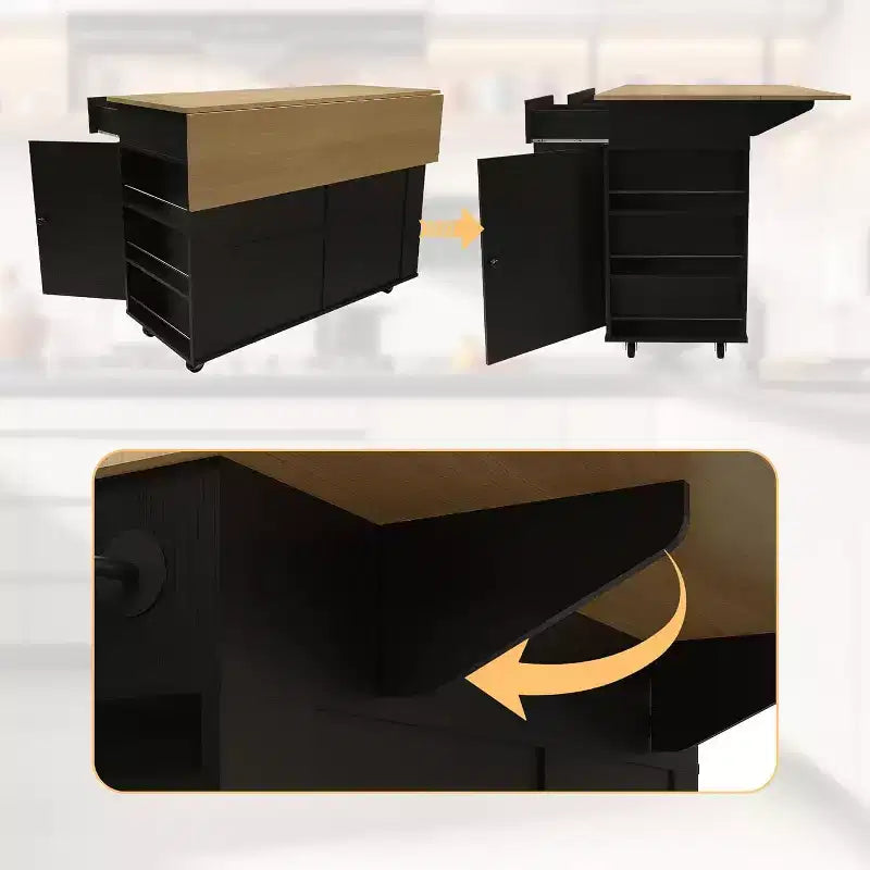 Îlot de cuisine avec tiroirs, chariot de cuisine roulant avec prise de courant, îlot mobile en bois massif sur roulettes avec armoire de rangement et tiroirs