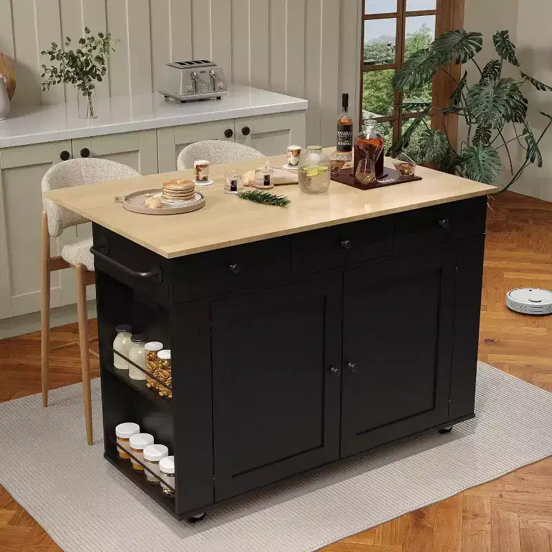 Îlot de cuisine avec tiroirs, chariot de cuisine roulant avec prise de courant, îlot mobile en bois massif sur roulettes avec armoire de rangement et tiroirs