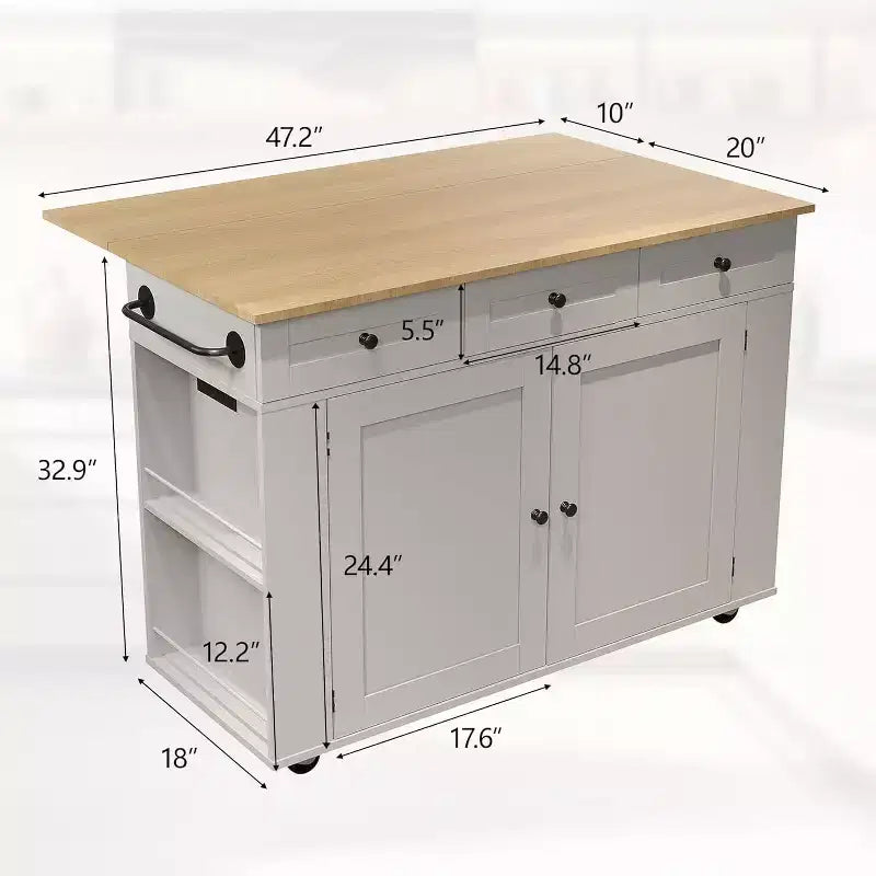 Îlot de cuisine avec tiroirs, chariot de cuisine roulant avec prise de courant, îlot mobile en bois massif sur roulettes avec armoire de rangement et tiroirs