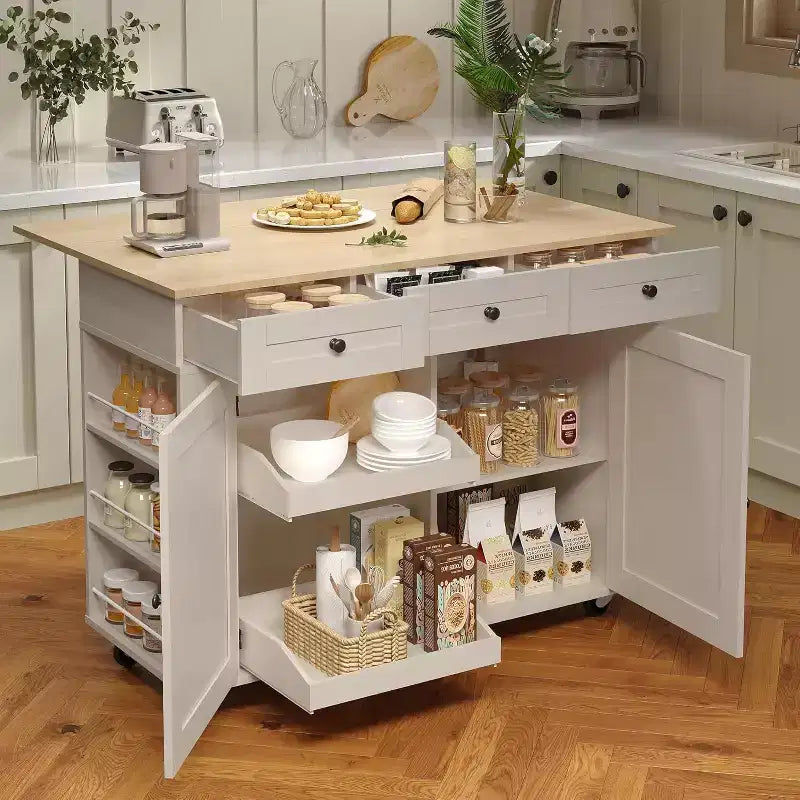 Îlot de cuisine avec tiroirs, chariot de cuisine roulant avec prise de courant, îlot mobile en bois massif sur roulettes avec armoire de rangement et tiroirs