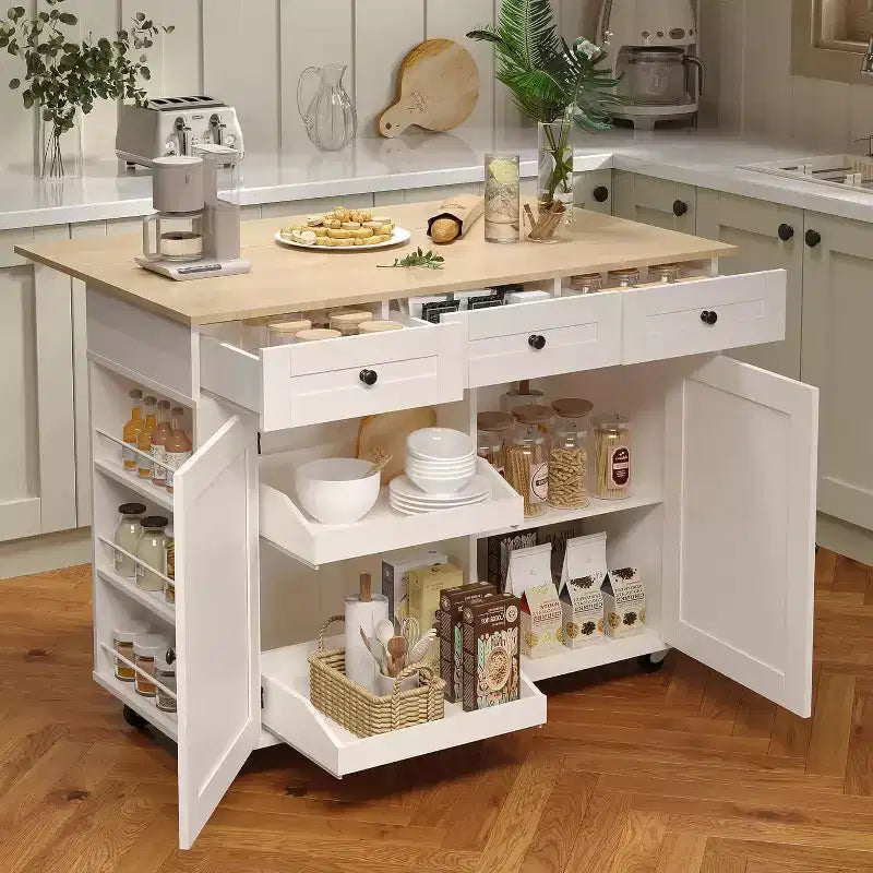 Îlot de cuisine avec tiroirs, chariot de cuisine roulant avec prise de courant, îlot mobile en bois massif sur roulettes avec armoire de rangement et tiroirs