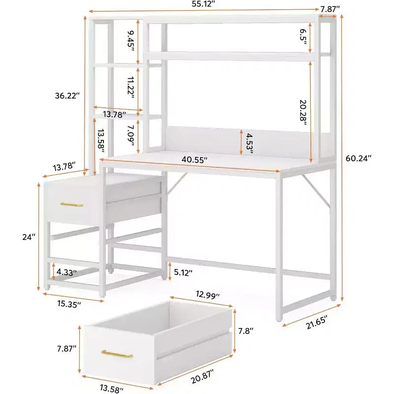 Okak Bureau informatique moderne Huch avec étagères ouvertes, Bureau d'angle multifonctionnel avec pour l'étude, le bureau, le studio