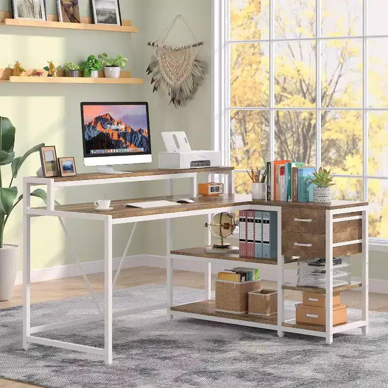 Okak Bureau informatique moderne Huch avec étagères ouvertes, Bureau d'angle multifonctionnel avec pour l'étude, le bureau, le studio