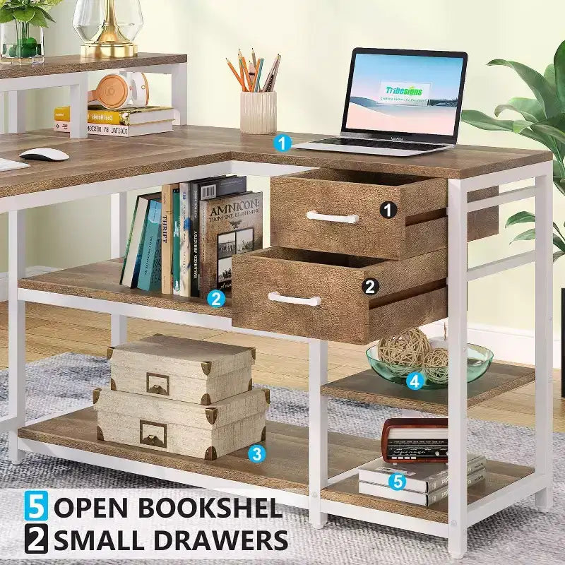 Okak Bureau informatique moderne Huch avec étagères ouvertes, Bureau d'angle multifonctionnel avec pour l'étude, le bureau, le studio