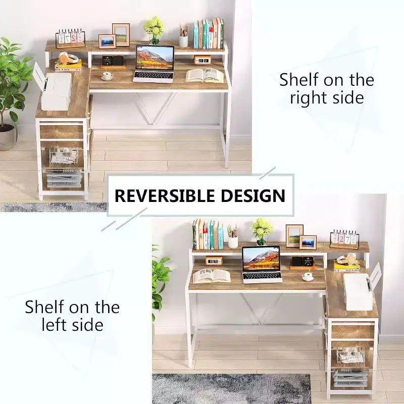 Okak Bureau informatique moderne Huch avec étagères ouvertes, Bureau d'angle multifonctionnel avec pour l'étude, le bureau, le studio