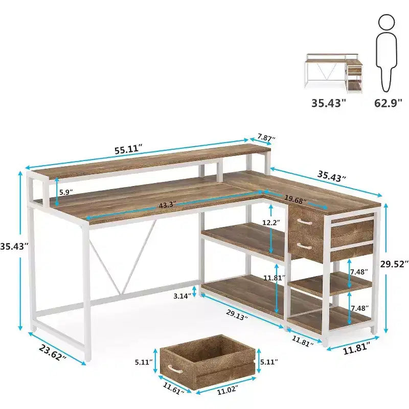 Okak Bureau informatique moderne Huch avec étagères ouvertes, Bureau d'angle multifonctionnel avec pour l'étude, le bureau, le studio