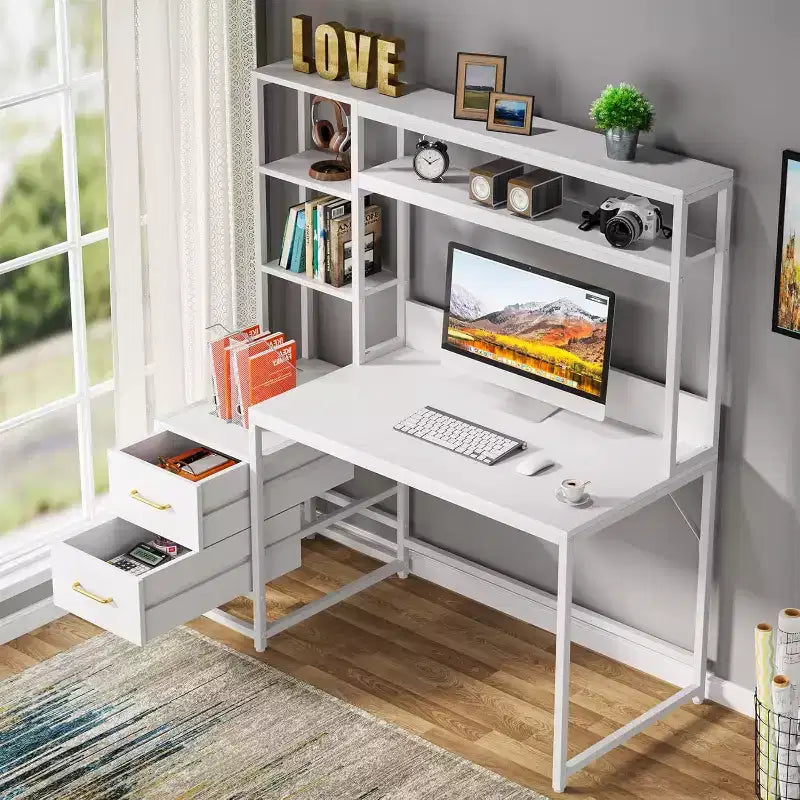 Okak Bureau informatique moderne Huch avec étagères ouvertes, Bureau d'angle multifonctionnel avec pour l'étude, le bureau, le studio