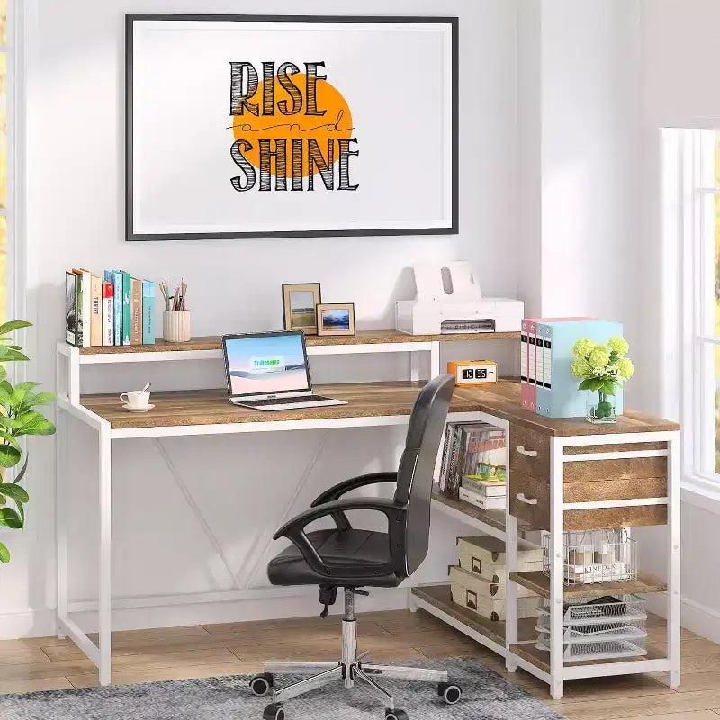 Okak Bureau informatique moderne Huch avec étagères ouvertes, Bureau d'angle multifonctionnel avec pour l'étude, le bureau, le studio