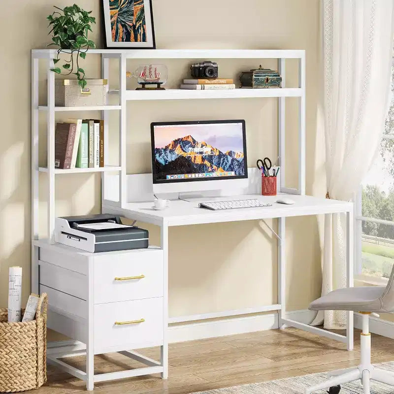 Okak Bureau informatique moderne Huch avec étagères ouvertes, Bureau d'angle multifonctionnel avec pour l'étude, le bureau, le studio