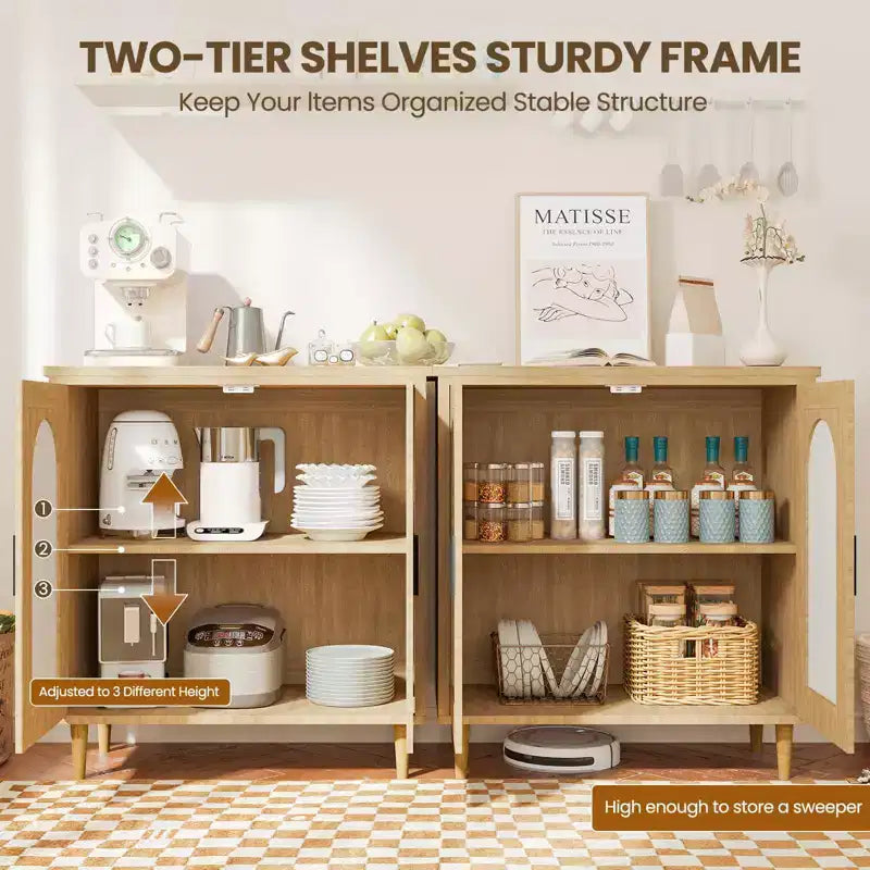 Buffet bas de 30,51 po avec rotin, pieds en bois massif, meuble de rangement de cuisine et de salon avec grand espace