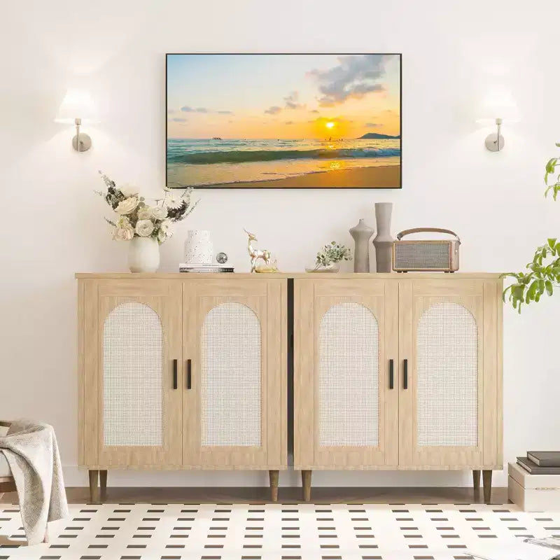 Buffet bas de 30,51 po avec rotin, pieds en bois massif, meuble de rangement de cuisine et de salon avec grand espace