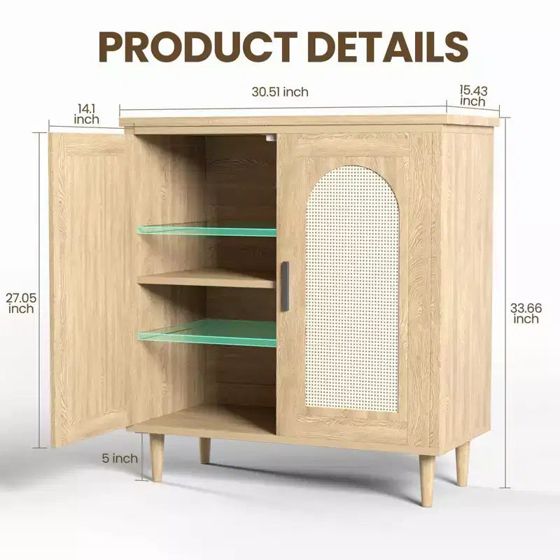 Buffet bas de 30,51 po avec rotin, pieds en bois massif, meuble de rangement de cuisine et de salon avec grand espace