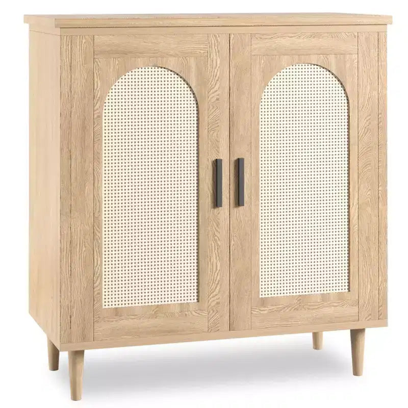 Buffet bas de 30,51 po avec rotin, pieds en bois massif, meuble de rangement de cuisine et de salon avec grand espace