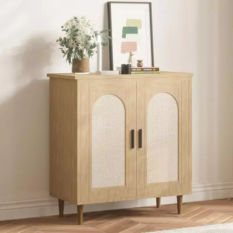 Buffet bas de 30,51 po avec rotin, pieds en bois massif, meuble de rangement de cuisine et de salon avec grand espace