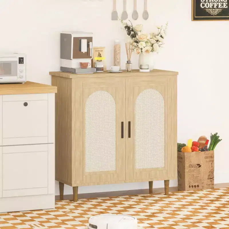 Buffet bas de 30,51 po avec rotin, pieds en bois massif, meuble de rangement de cuisine et de salon avec grand espace