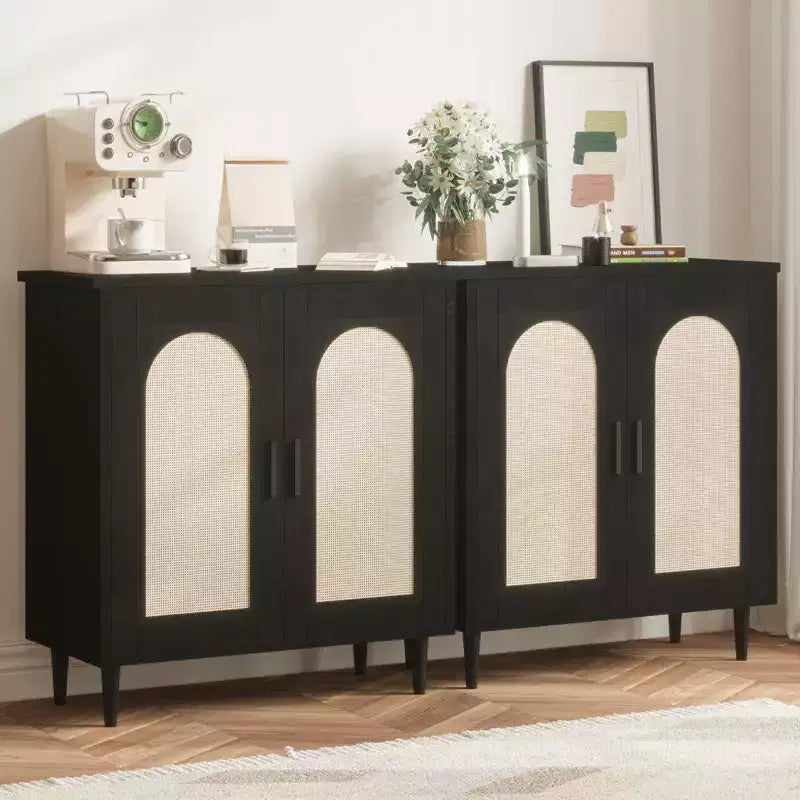 Buffet bas de 30,51 po avec rotin, pieds en bois massif, meuble de rangement de cuisine et de salon avec grand espace