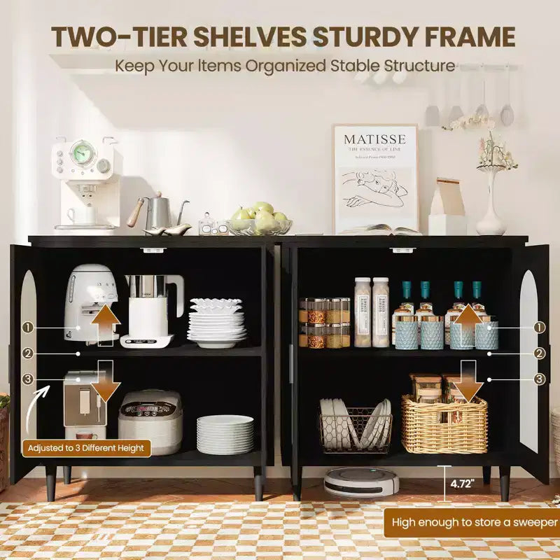Buffet bas de 30,51 po avec rotin, pieds en bois massif, meuble de rangement de cuisine et de salon avec grand espace