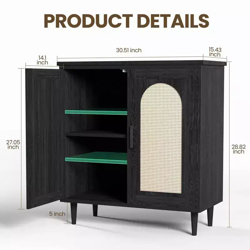 Buffet bas de 30,51 po avec rotin, pieds en bois massif, meuble de rangement de cuisine et de salon avec grand espace
