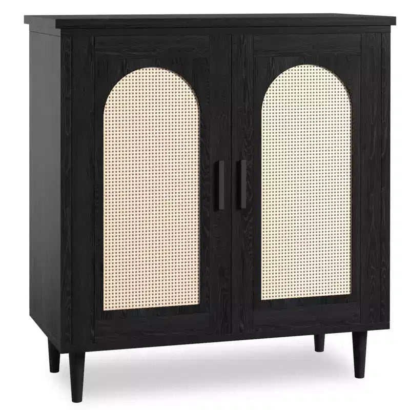 Buffet bas de 30,51 po avec rotin, pieds en bois massif, meuble de rangement de cuisine et de salon avec grand espace