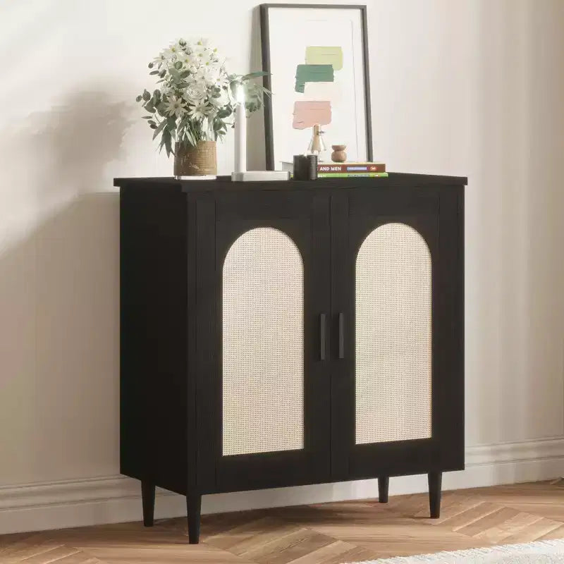 Buffet bas de 30,51 po avec rotin, pieds en bois massif, meuble de rangement de cuisine et de salon avec grand espace