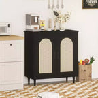 Buffet bas de 30,51 po avec rotin, pieds en bois massif, meuble de rangement de cuisine et de salon avec grand espace