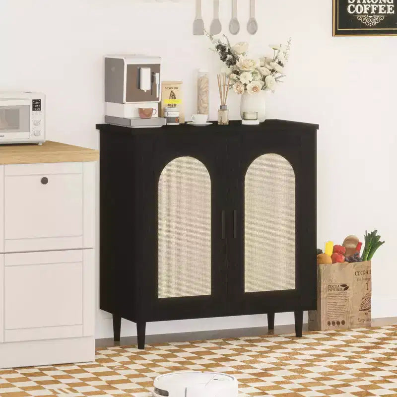 Buffet bas de 30,51 po avec rotin, pieds en bois massif, meuble de rangement de cuisine et de salon avec grand espace