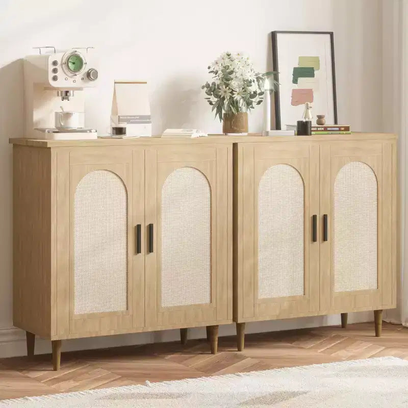 Buffet bas de 30,51 po avec rotin, pieds en bois massif, meuble de rangement de cuisine et de salon avec grand espace