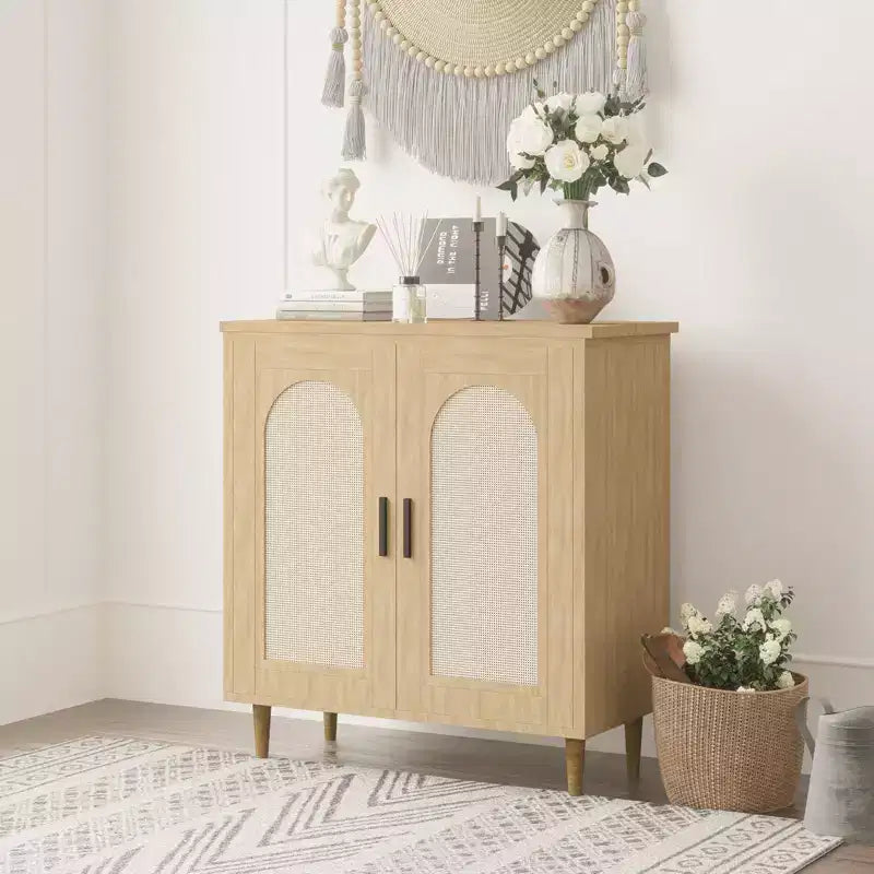 Buffet bas de 30,51 po avec rotin, pieds en bois massif, meuble de rangement de cuisine et de salon avec grand espace