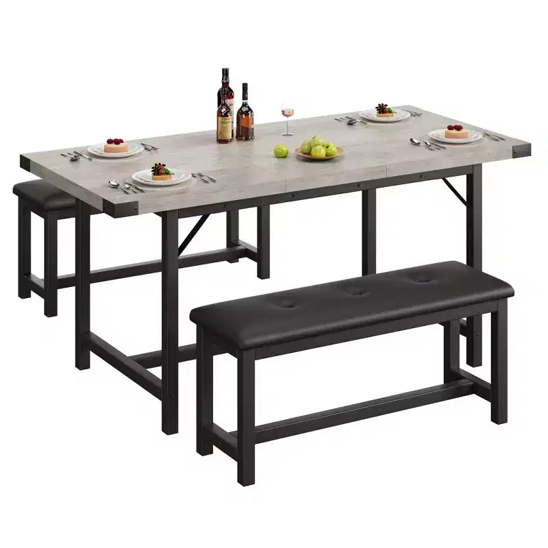 Table de salle à manger pour 4-6 personnes, table de cuisine et banc extensibles de 160 cm, ensemble de table rectangulaire avec cadre métallique et 2 bancs rembourrés pour salle à manger, appartement