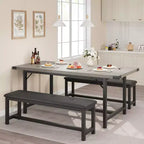 Table de salle à manger pour 4-6 personnes, table de cuisine et banc extensibles de 160 cm, ensemble de table rectangulaire avec cadre métallique et 2 bancs rembourrés pour salle à manger, appartement