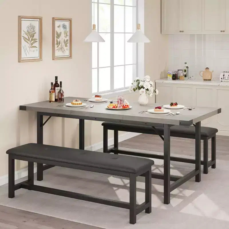 Table de salle à manger pour 4-6 personnes, table de cuisine et banc extensibles de 160 cm, ensemble de table rectangulaire avec cadre métallique et 2 bancs rembourrés pour salle à manger, appartement