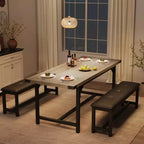 Table de salle à manger pour 4-6 personnes, table de cuisine et banc extensibles de 160 cm, ensemble de table rectangulaire avec cadre métallique et 2 bancs rembourrés pour salle à manger, appartement