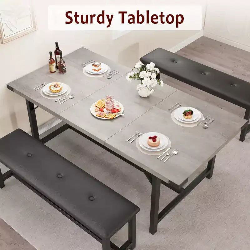 Table de salle à manger pour 4-6 personnes, table de cuisine et banc extensibles de 160 cm, ensemble de table rectangulaire avec cadre métallique et 2 bancs rembourrés pour salle à manger, appartement