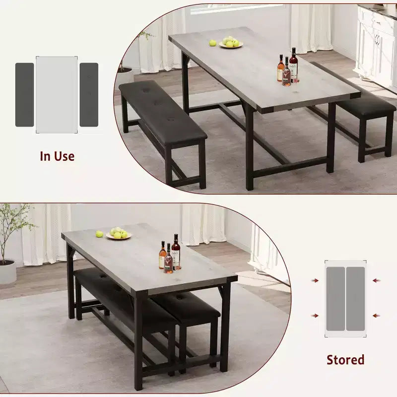 Table de salle à manger pour 4-6 personnes, table de cuisine et banc extensibles de 160 cm, ensemble de table rectangulaire avec cadre métallique et 2 bancs rembourrés pour salle à manger, appartement