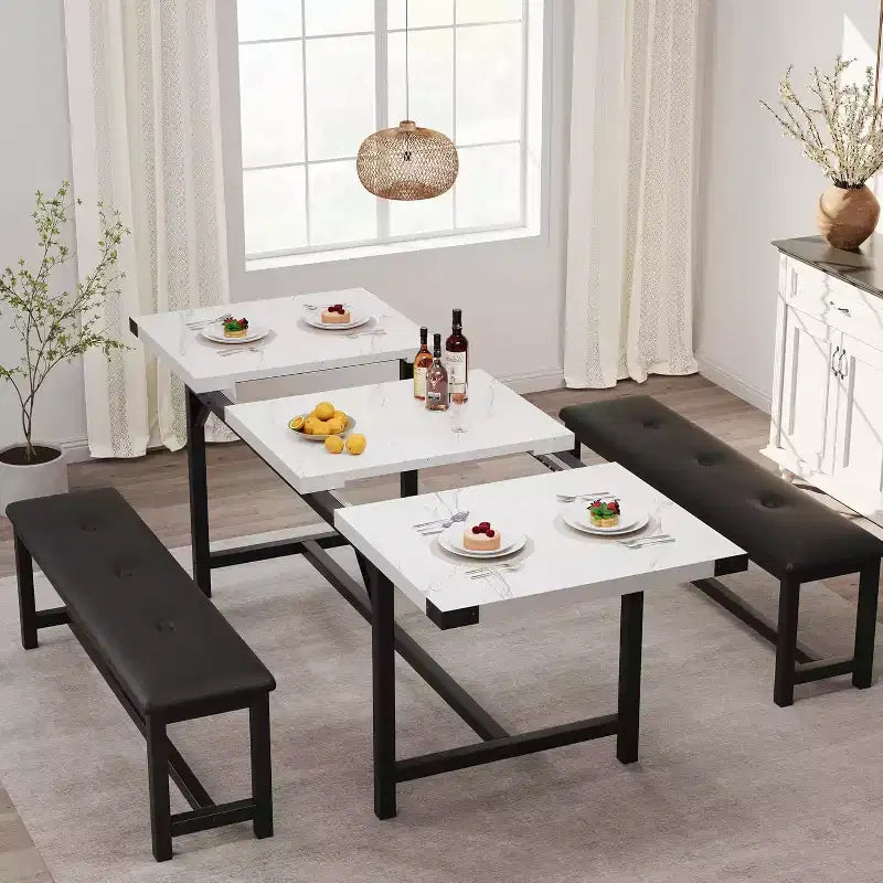 Table de salle à manger pour 4-6 personnes, table de cuisine et banc extensibles de 160 cm, ensemble de table rectangulaire avec cadre métallique et 2 bancs rembourrés pour salle à manger, appartement