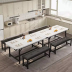 Table de salle à manger pour 4-6 personnes, table de cuisine et banc extensibles de 160 cm, ensemble de table rectangulaire avec cadre métallique et 2 bancs rembourrés pour salle à manger, appartement