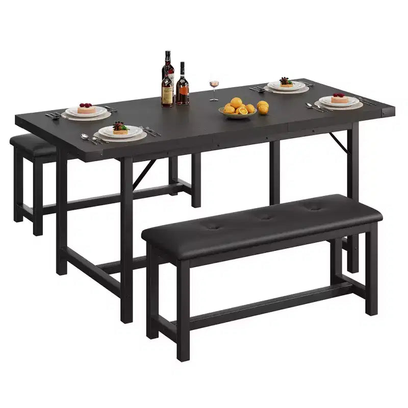 Table de salle à manger pour 4-6 personnes, table de cuisine et banc extensibles de 160 cm, ensemble de table rectangulaire avec cadre métallique et 2 bancs rembourrés pour salle à manger, appartement