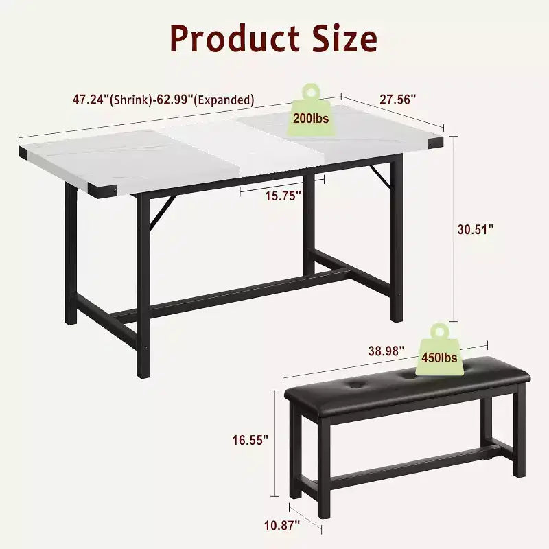 Table de salle à manger pour 4-6 personnes, table de cuisine et banc extensibles de 160 cm, ensemble de table rectangulaire avec cadre métallique et 2 bancs rembourrés pour salle à manger, appartement