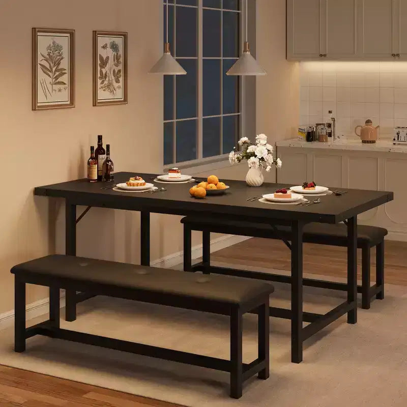 Table de salle à manger pour 4-6 personnes, table de cuisine et banc extensibles de 160 cm, ensemble de table rectangulaire avec cadre métallique et 2 bancs rembourrés pour salle à manger, appartement