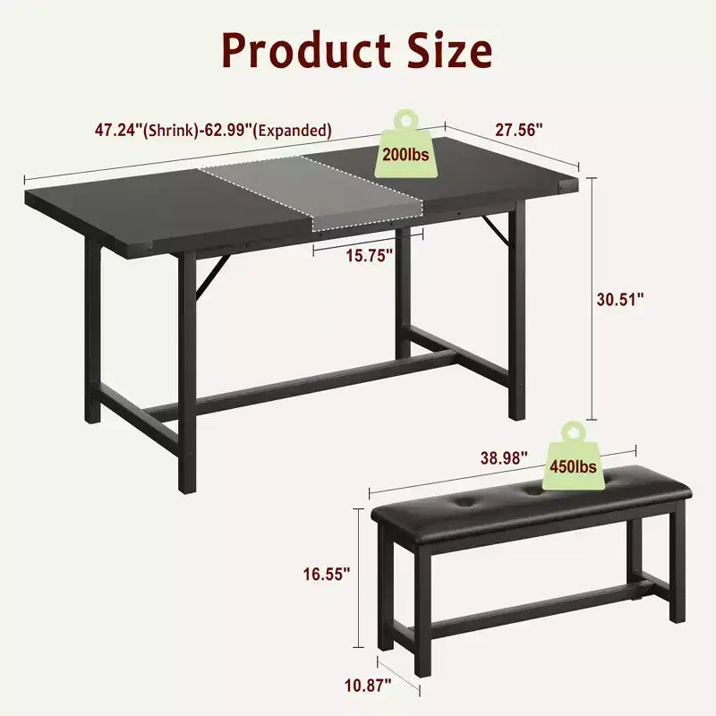 Table de salle à manger pour 4-6 personnes, table de cuisine et banc extensibles de 160 cm, ensemble de table rectangulaire avec cadre métallique et 2 bancs rembourrés pour salle à manger, appartement
