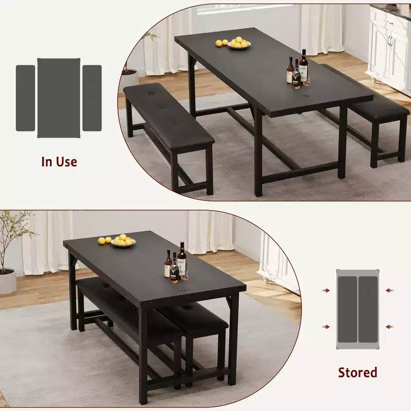 Table de salle à manger pour 4-6 personnes, table de cuisine et banc extensibles de 160 cm, ensemble de table rectangulaire avec cadre métallique et 2 bancs rembourrés pour salle à manger, appartement