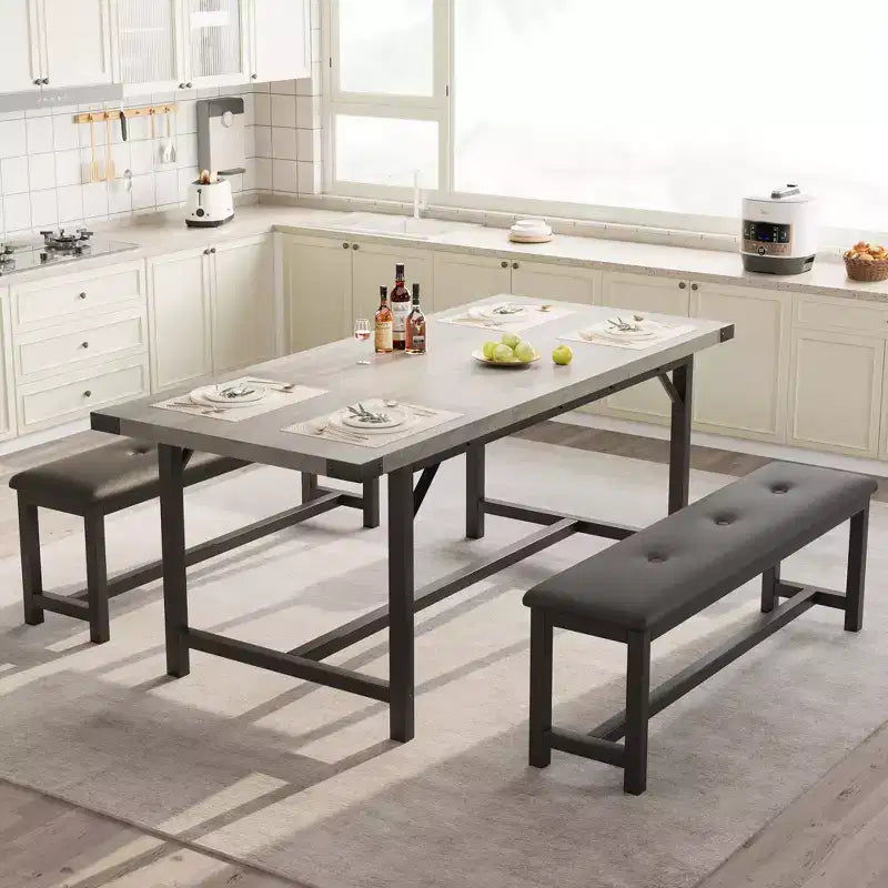 Table de salle à manger pour 4-6 personnes, table de cuisine et banc extensibles de 160 cm, ensemble de table rectangulaire avec cadre métallique et 2 bancs rembourrés pour salle à manger, appartement
