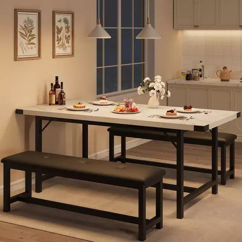 Table de salle à manger pour 4-6 personnes, table de cuisine et banc extensibles de 160 cm, ensemble de table rectangulaire avec cadre métallique et 2 bancs rembourrés pour salle à manger, appartement