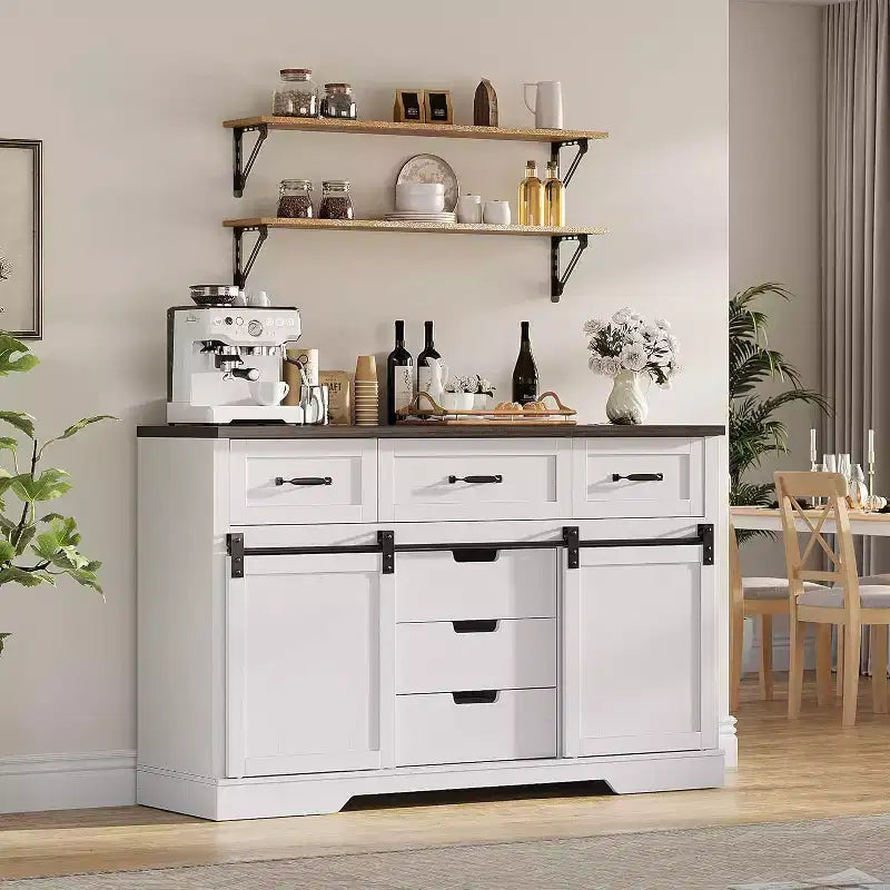 Commode à 6 tiroirs avec rangement, commode et chiffonnier de style campagnard avec portes coulissantes de grange, armoire de rangement en bois pour chambre à coucher, salon