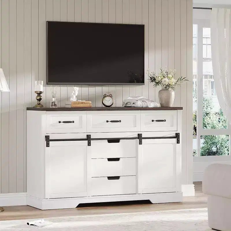 Commode à 6 tiroirs avec rangement, commode et chiffonnier de style campagnard avec portes coulissantes de grange, armoire de rangement en bois pour chambre à coucher, salon