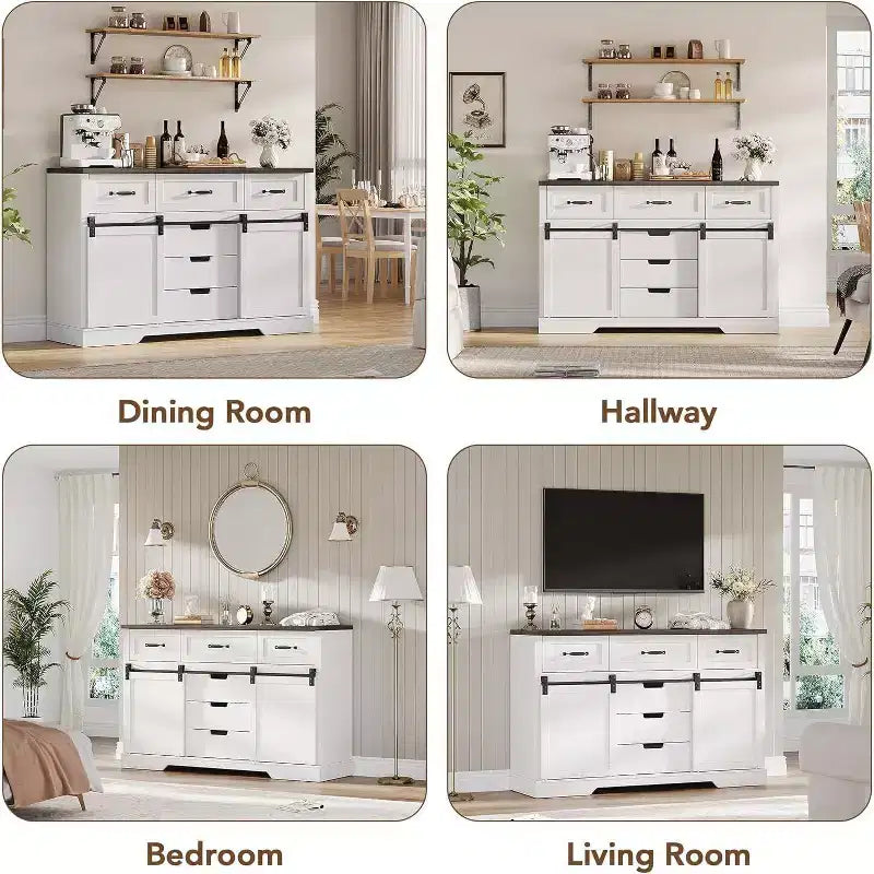 Commode à 6 tiroirs avec rangement, commode et chiffonnier de style campagnard avec portes coulissantes de grange, armoire de rangement en bois pour chambre à coucher, salon